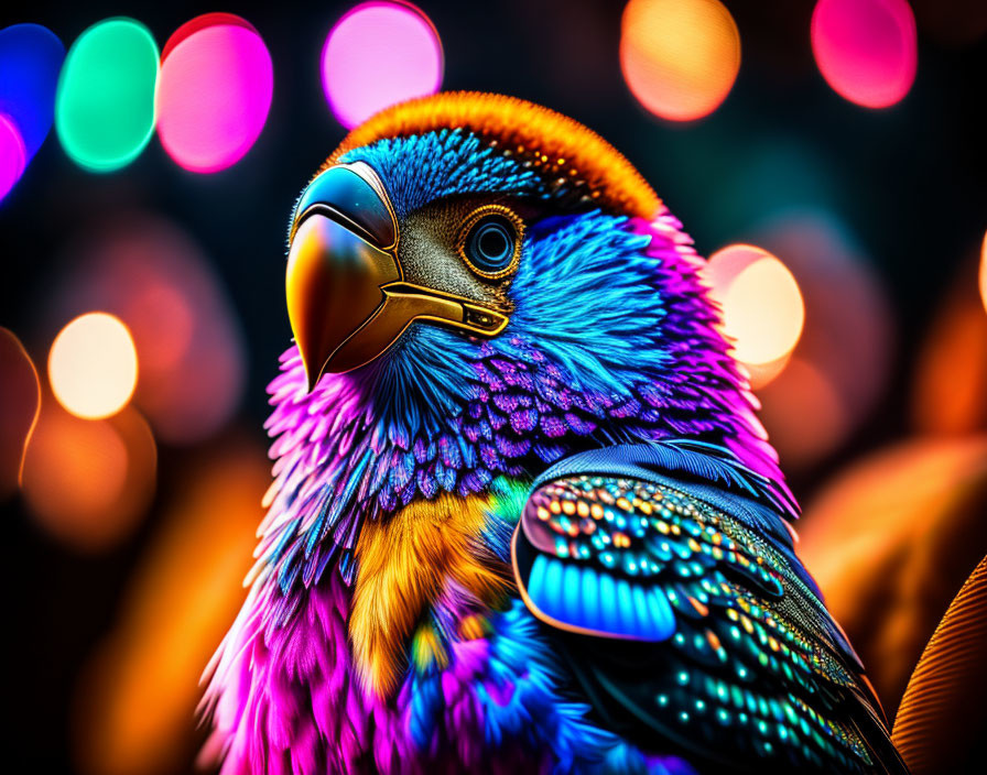 Colorful bird head close-up with bokeh background.