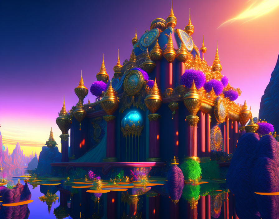 Fantastical palace with ornate spires and sunset sky reflections
