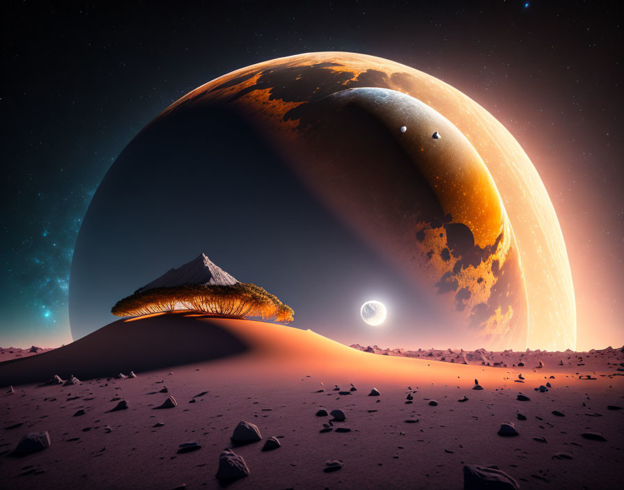 Surreal landscape with planet, mountain, stars, moons in desert twilight