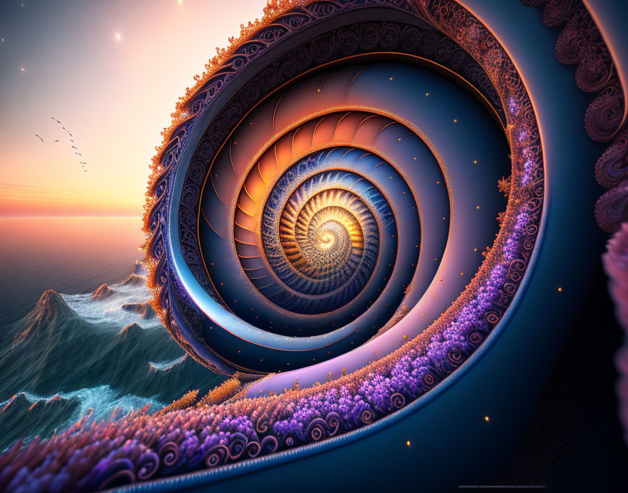 Fractal spiral shell on sunset ocean backdrop with birds.