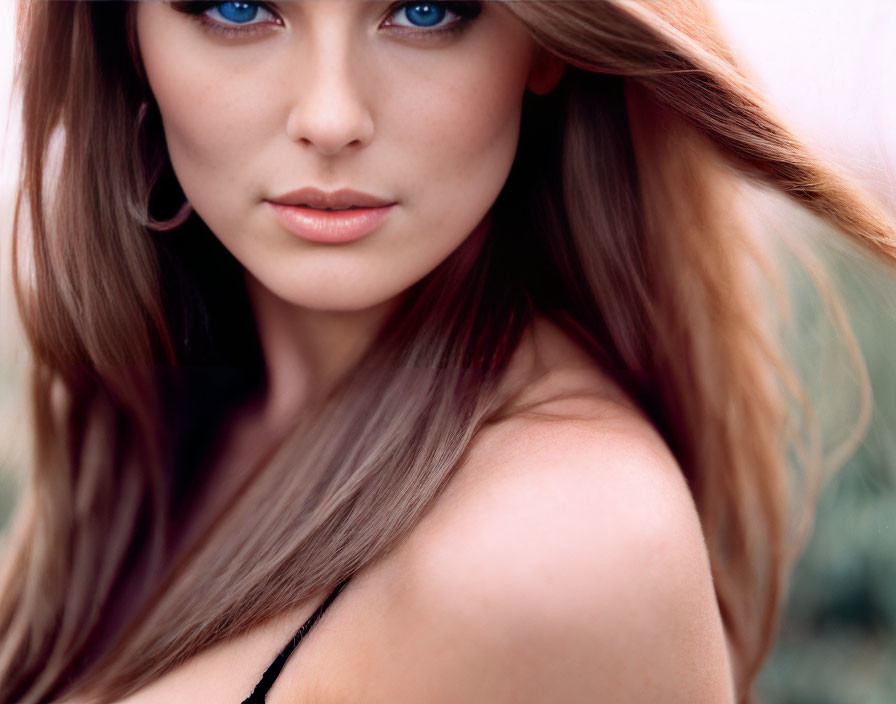 Close-Up Portrait of Woman with Flowing Brown Hair and Striking Blue Eyes