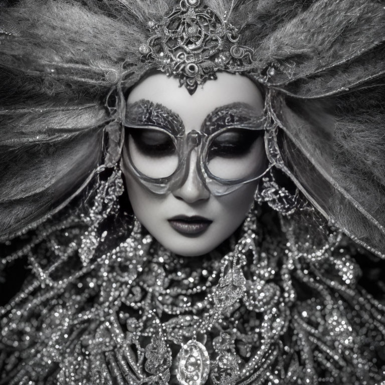 Monochrome image of person in ornate costume with sunglasses & bejeweled adornments