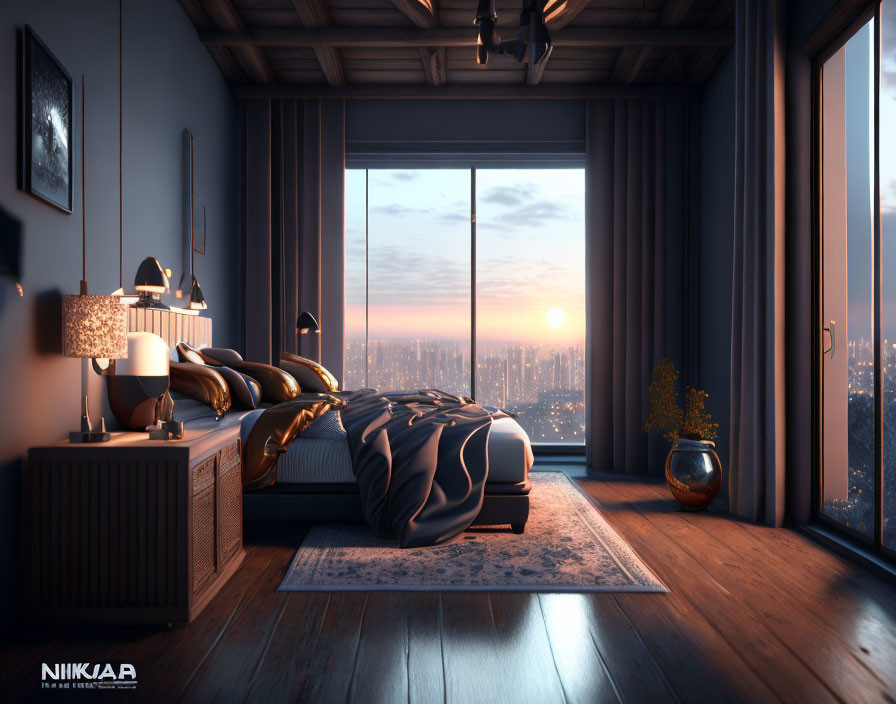 Sunset-themed cozy bedroom with city view and elegant decor