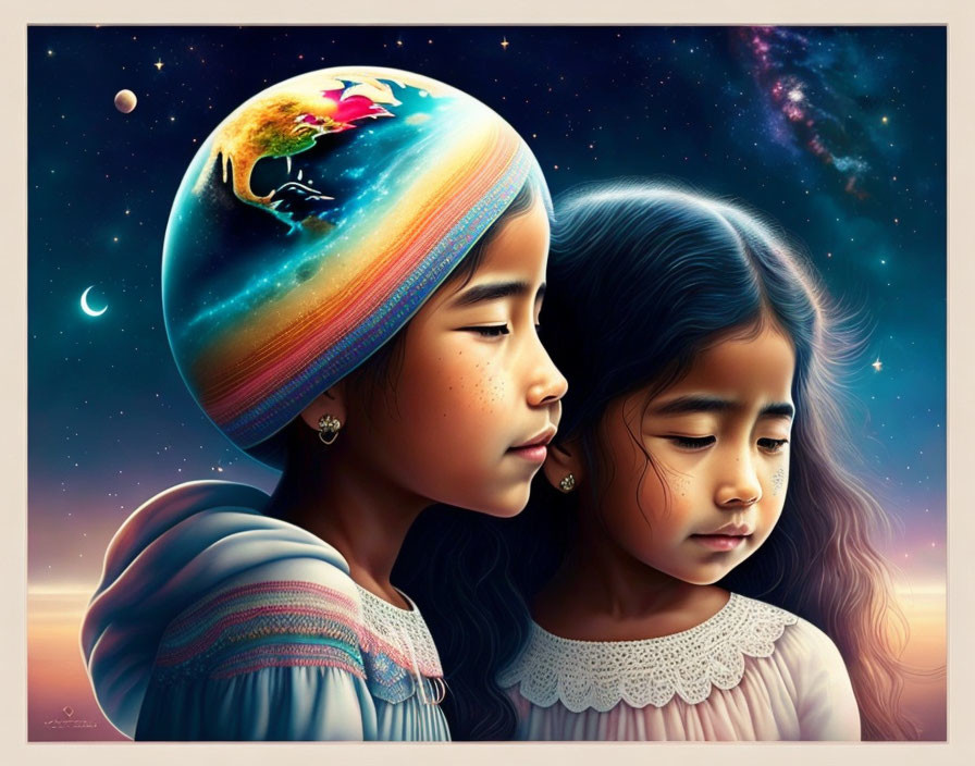 Young girls with cosmic backdrop: one wearing planet headscarf, the other gazing at stars and