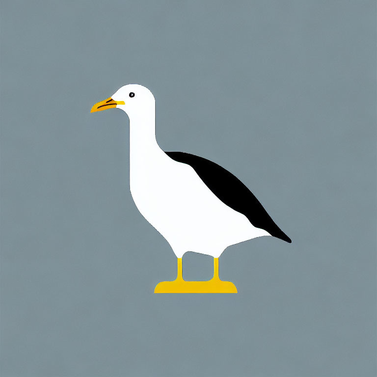 Seagull Illustration: White Body, Black Wings, Yellow Beak & Feet