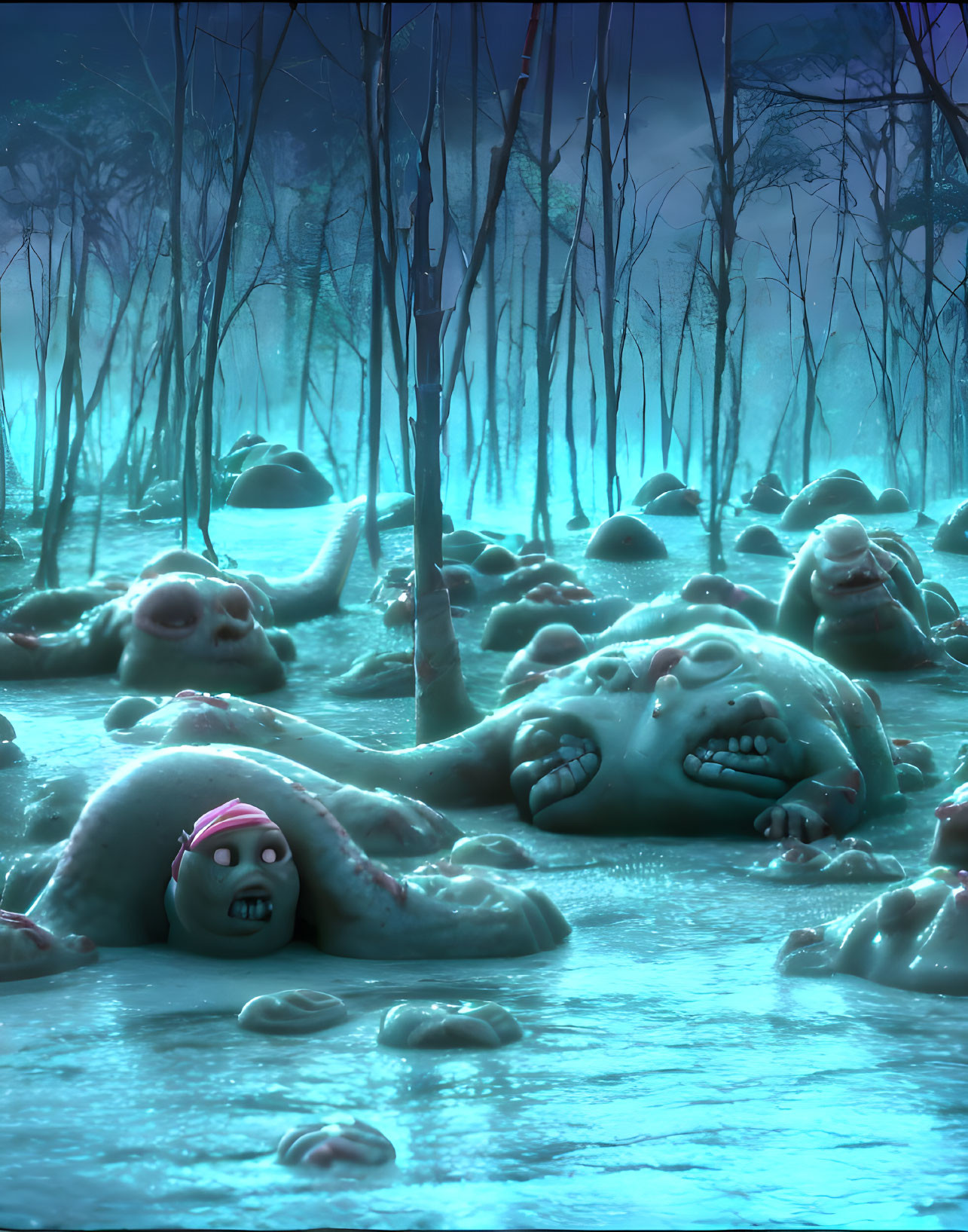 Spooky swamp with cartoonish monster-like creatures and eerie blue lighting