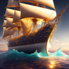Ornate sailing ship with full sails on dynamic sea at sunset