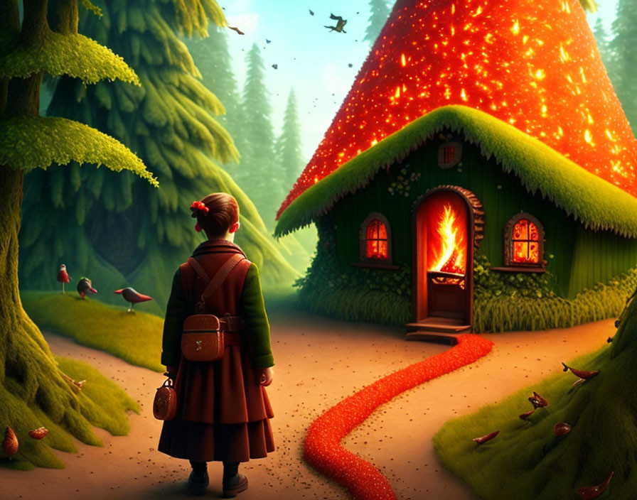 Child with backpack on red path to cozy house with glowing orange roof surrounded by green trees and birds
