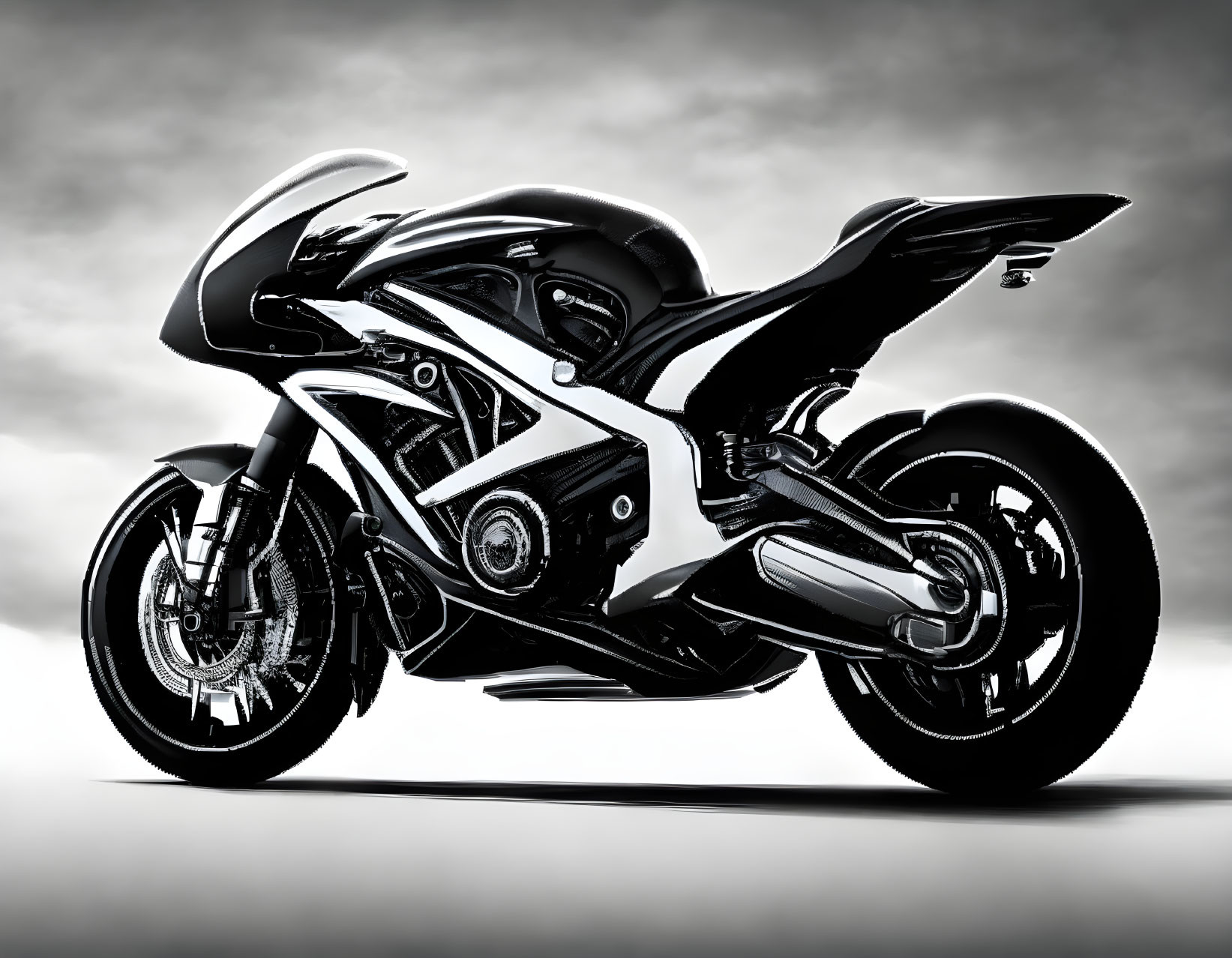 Sleek Black Sport Motorcycle with Exposed Frame on Cloudy Sky Background