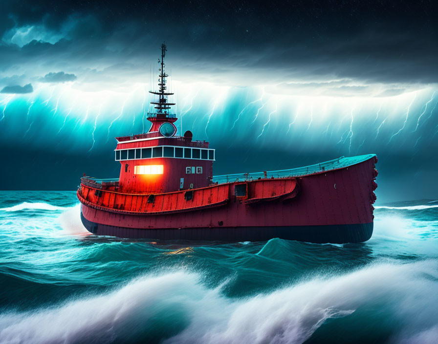 Tugboat in the middle of the ocean during a stormy