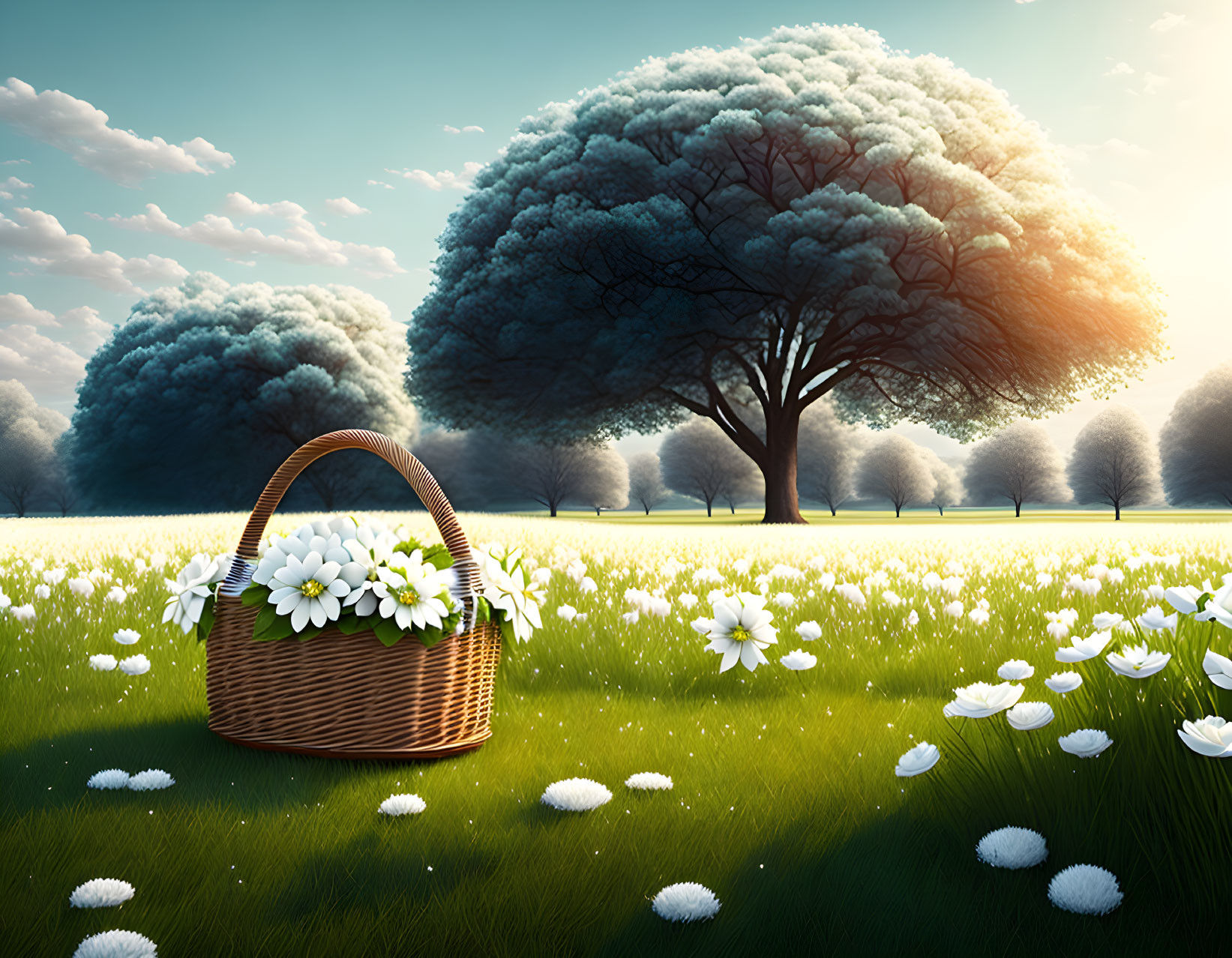 Tranquil field scene with large tree, sunlight, and flowers in wicker basket