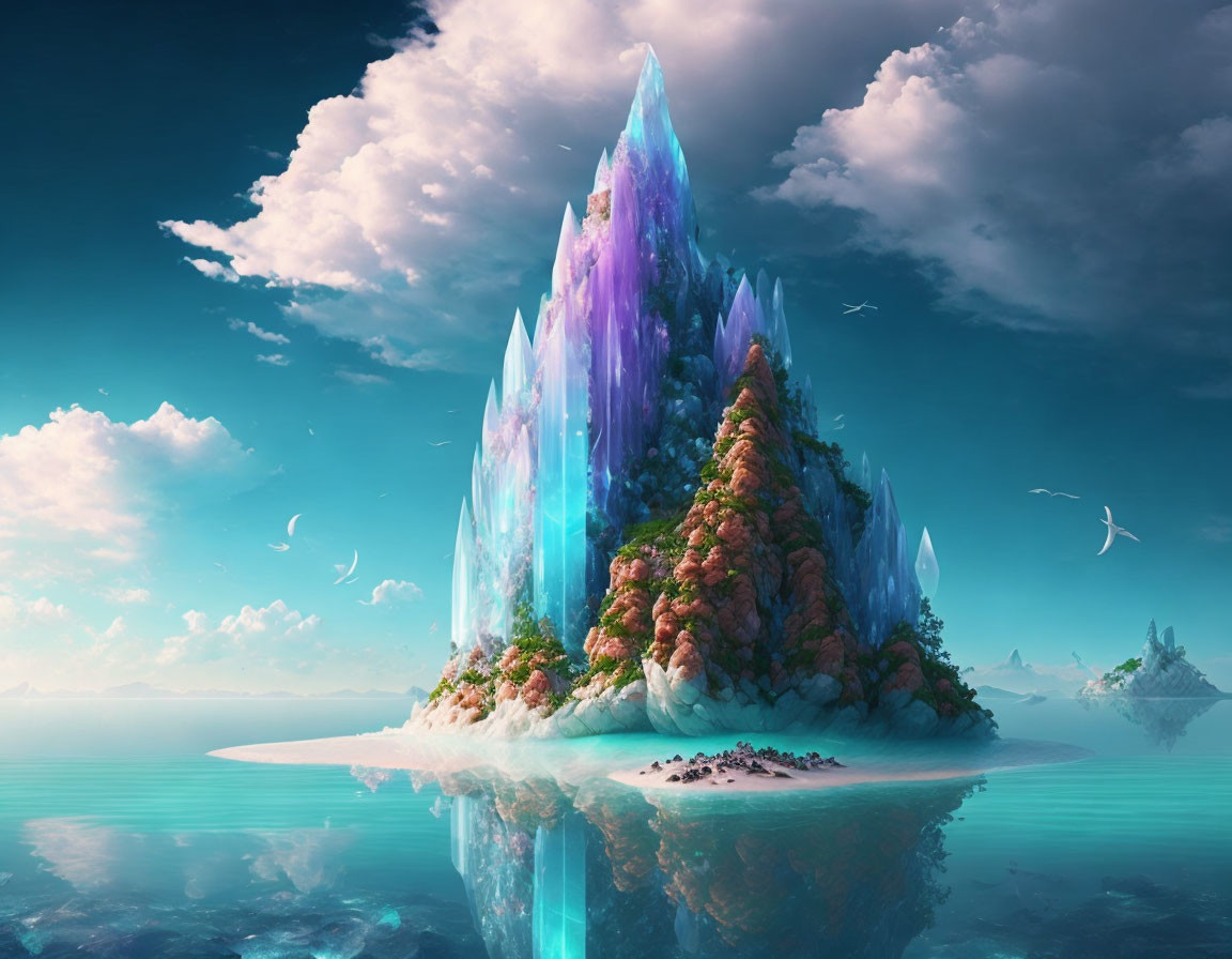 Vibrant colossal crystals on lush green island under serene sky