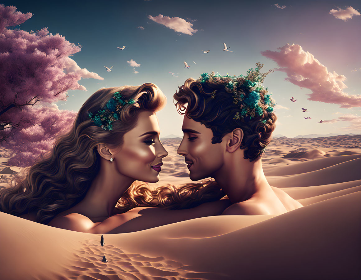 Couple with floral crowns in sandy dunes under pink sky.