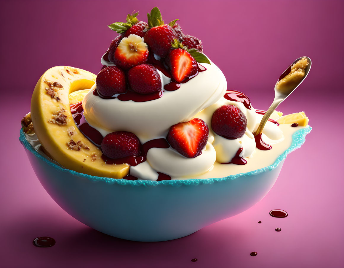 Colorful Vanilla Frozen Yogurt Bowl with Fresh Fruit and Chocolate Drizzle