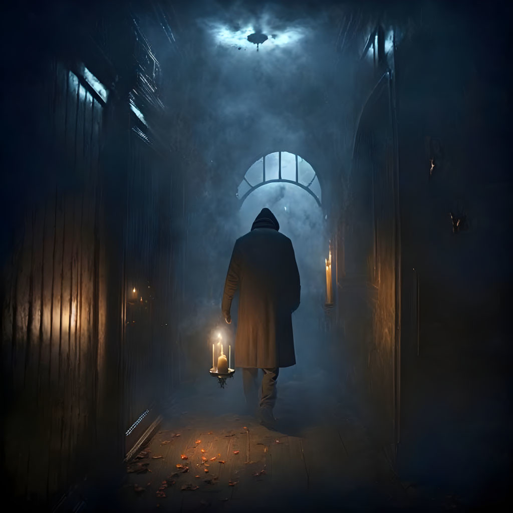 Person in coat and hat with lantern in dimly-lit, foggy corridor with arched windows