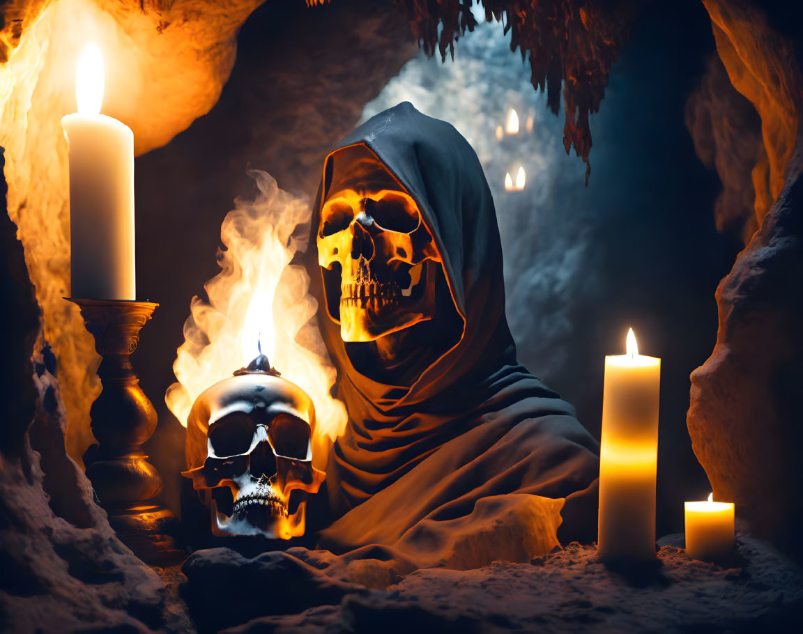 Hooded figure with skull face in candlelit cave with eerie ambiance