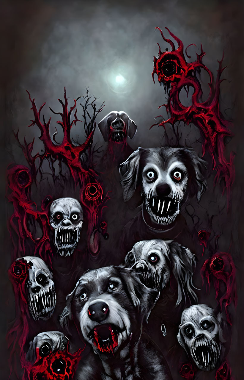 Sinister macabre image: monstrous dogs with wide smiles, red backdrop, pale moon