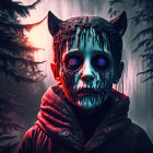 Person in Red Jacket with Creepy Cat Mask in Dark Forest