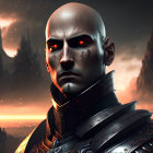 Bald Warrior in Dark Armor with Glowing Red Eyes in Fiery Sky Setting