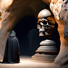 Hooded Figure in Dimly Lit Cave with Skull Structures