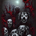 Sinister macabre image: monstrous dogs with wide smiles, red backdrop, pale moon