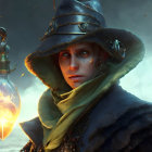 Dark medieval fantasy woman in witch hunter's attire with glowing lantern.