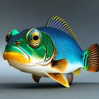 Vibrant digital fish art with exaggerated facial features on grey background