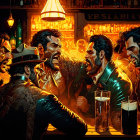 Animated men arguing in bar with onlookers and drinks under warm lighting