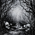 Twisted bare trees and skulls on eerie forest path