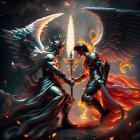 Angel and demon with detailed wings in tense standoff amid mystical flames.