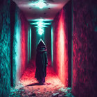 Mysterious cloaked figure in neon-lit corridor with red and blue lights
