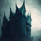 Eerie gothic castle with tall spires in misty night scene