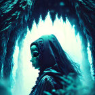Hooded figure in icy cave with blue light and icicles
