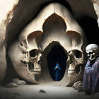 Mysterious figure at skull-shaped cave entrance