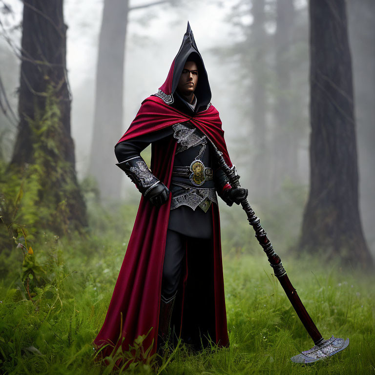 Fantasy character in red cloak and armor with staff in foggy forest