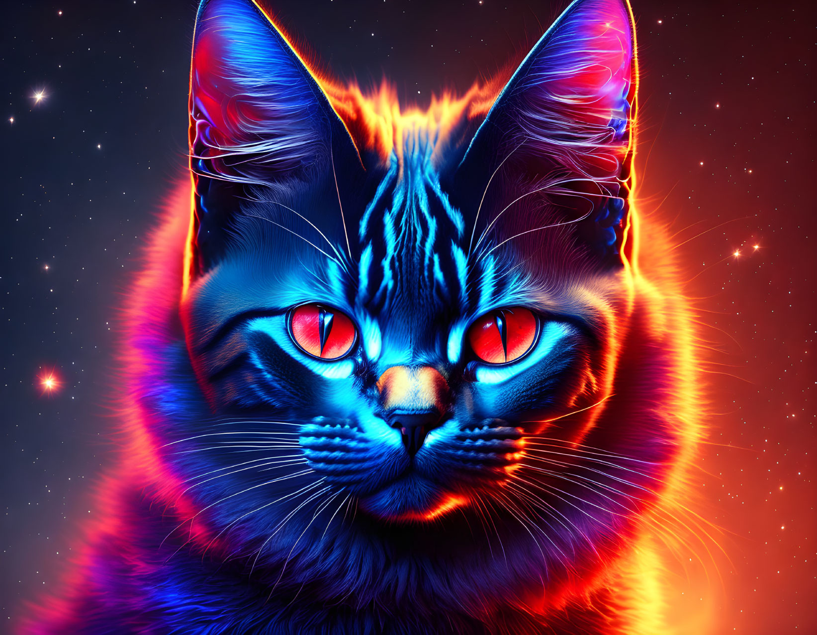 Colorful digital artwork: Cat with glowing fur and neon outlines on starry space background