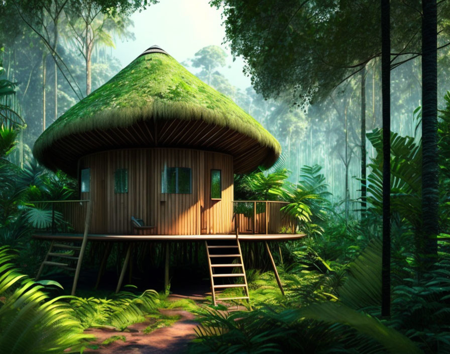Thatched Roof Wooden Hut in Forest Clearing