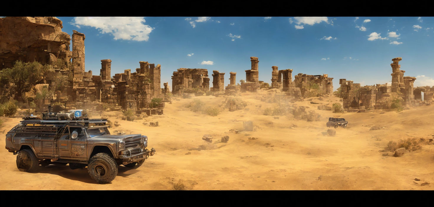 Modified vehicle in desert with ruins and second car against clear blue sky
