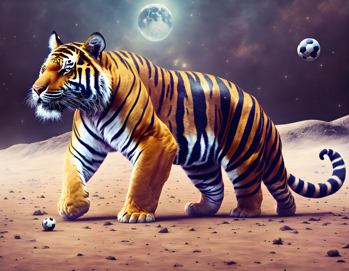  A tiger plays football on the moon