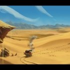 Modified vehicle in desert with ruins and second car against clear blue sky