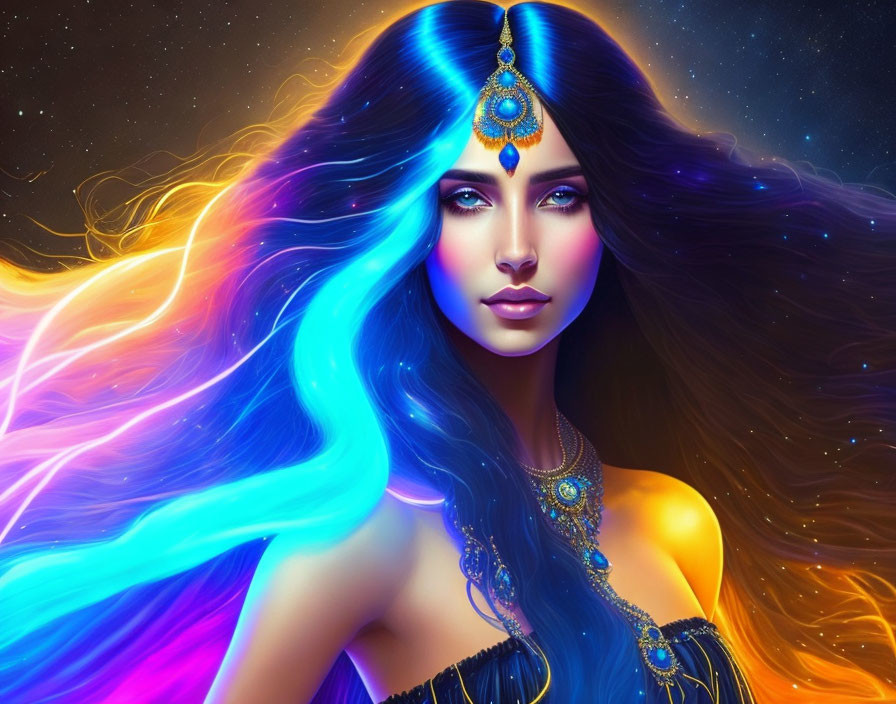 Colorful digital artwork: Woman with blue hair and cosmic background