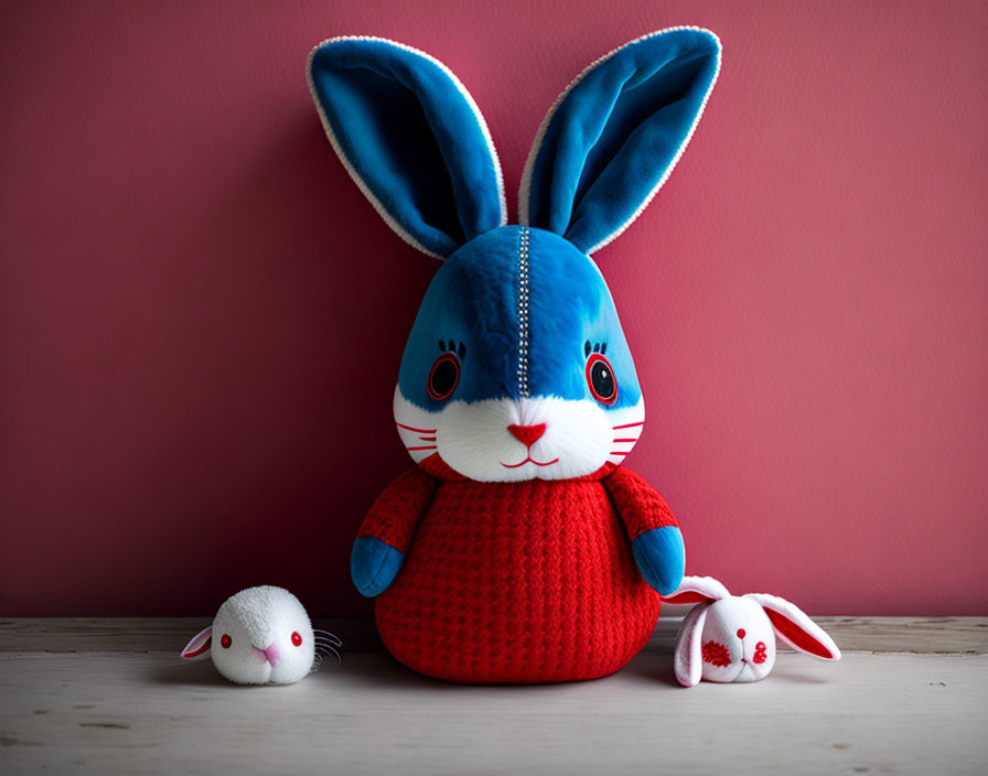 Blue plush rabbit with red body, white mouse toy, and plush rabbit paw against pink wall
