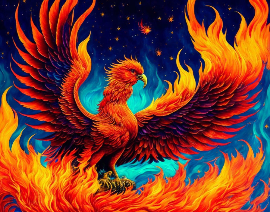 Colorful Phoenix Illustration with Fiery Wings in Starry Night Sky
