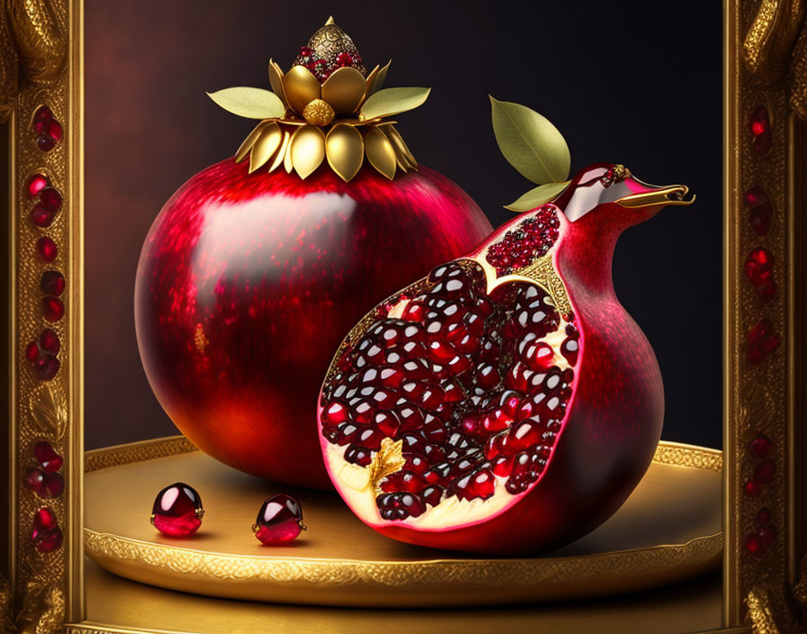 Golden frame with ripe pomegranate and ruby-like seeds on pedestal