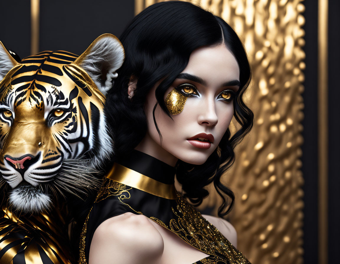 Dark-haired woman with golden eye makeup posing with tiger against gold and black backdrop