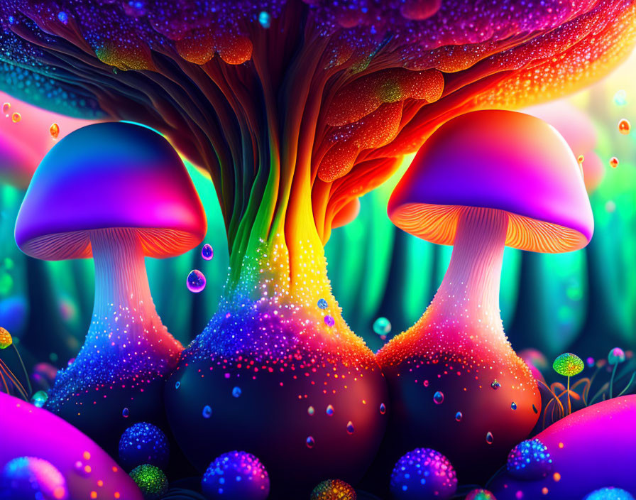 Colorful Psychedelic Mushroom Art in Enchanted Forest