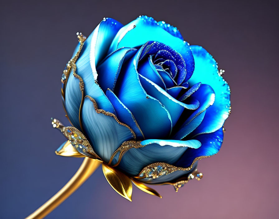 Digitally Enhanced Blue Rose with Sparkling Edges and Dew Drops on Gradient Background