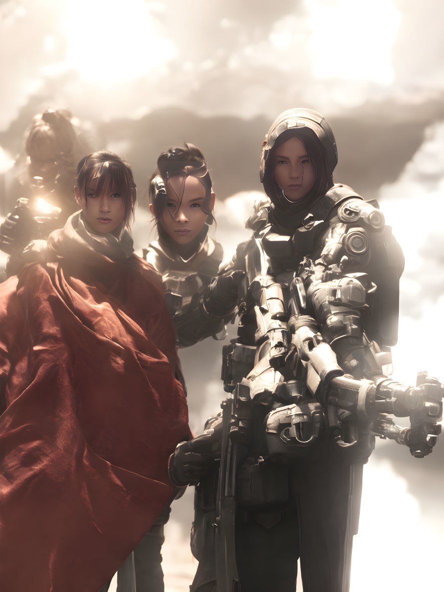 Three Futuristic Soldiers in Armor with Red Cape Against Cloudy Backdrop