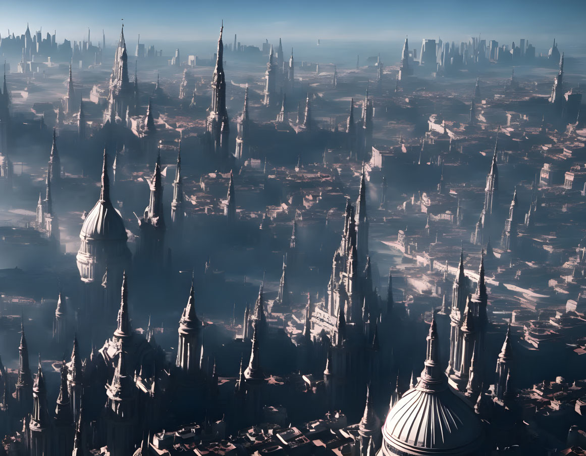 Futuristic cityscape with tall spires and domed buildings in blue light