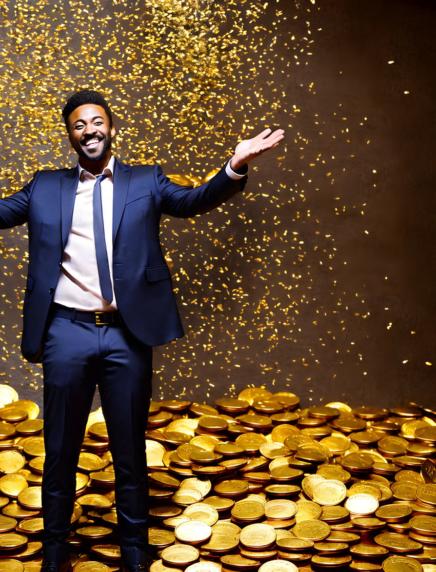 Man in suit surrounded by golden confetti and coins.